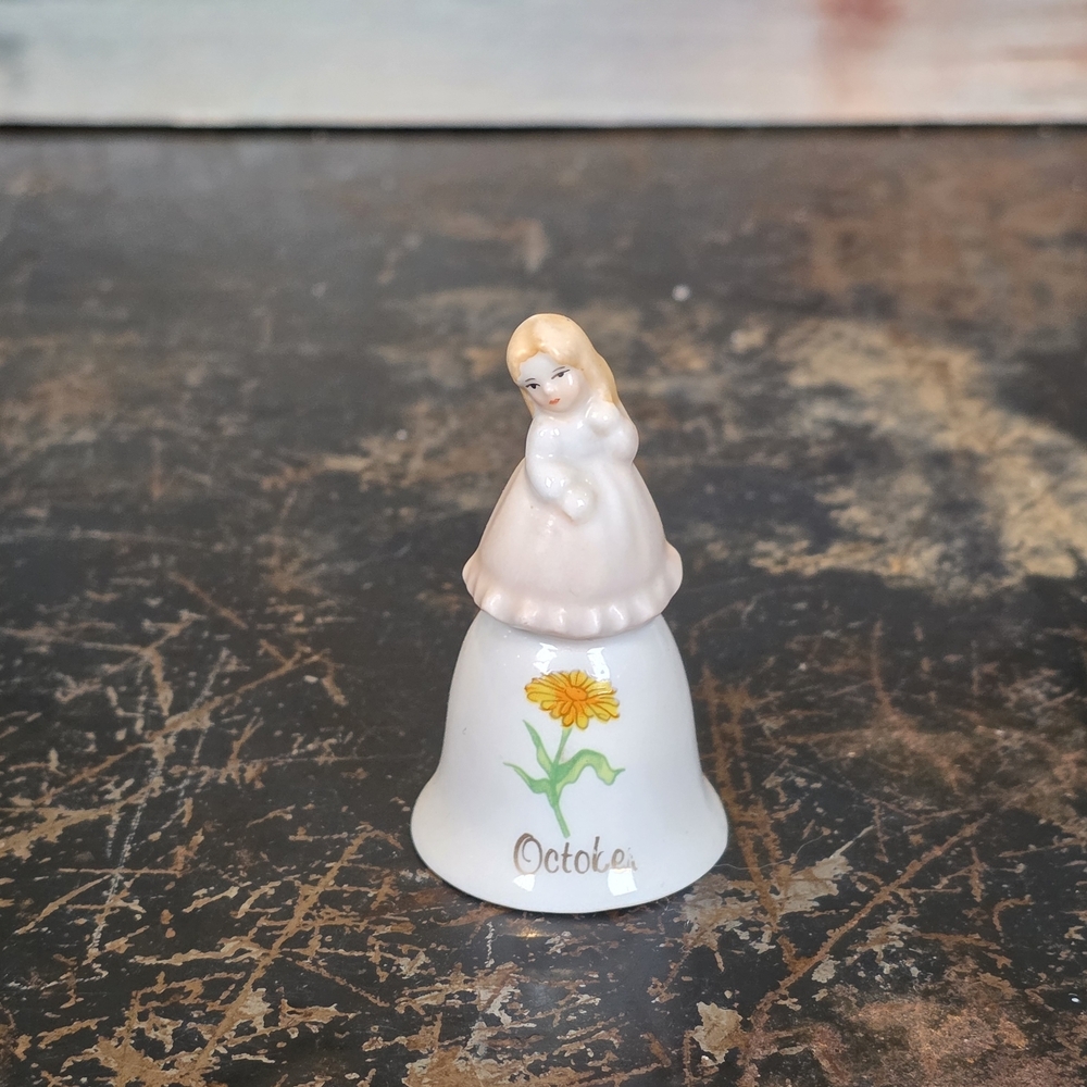 Vtg Russ Berrie October Girl Birthday Bell Miniature Porcelain Flower Figurine